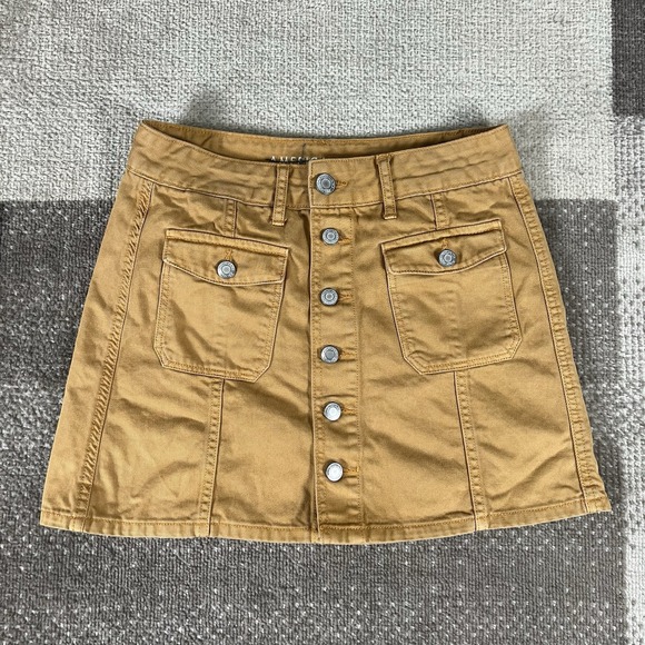 American Eagle Outfitters Dresses & Skirts - American Eagle Super Hi-Rise A-Line Denim Skirt Size 4 Brown Button Fly